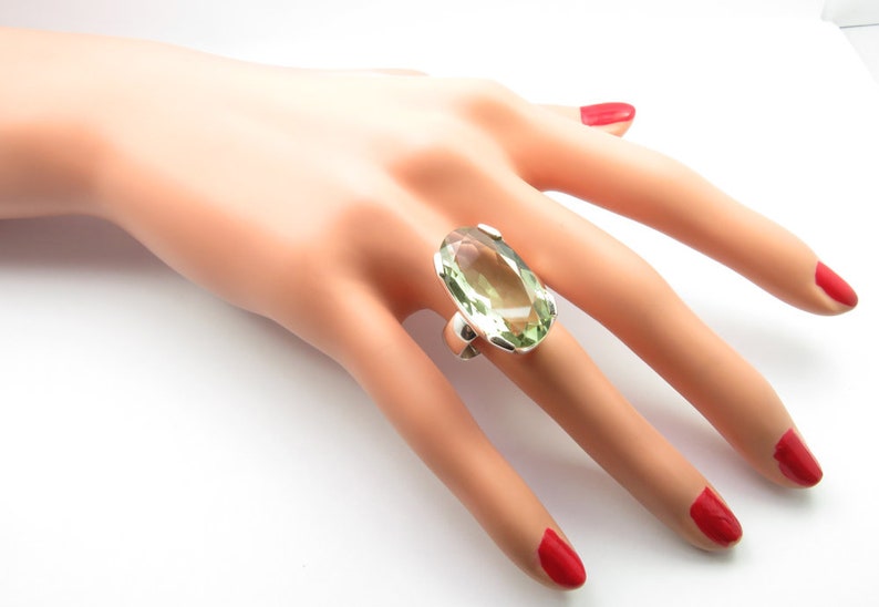 Handcrafted Unique Jewelry Prong Setting Amethyst Jewelry 925 Solid Silver Modern Jewelry Oval Shape Green Amethyst Ring Sz 9.25