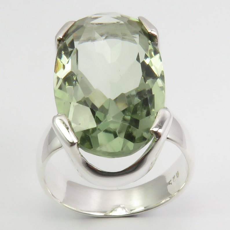 Handcrafted Unique Jewelry Prong Setting Amethyst Jewelry 925 Solid Silver Modern Jewelry Oval Shape Green Amethyst Ring Sz 9.25