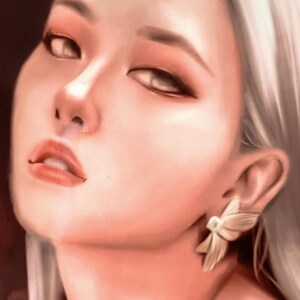 May include: A digital painting of a woman with pale skin and silver hair. She wears gold-colored earrings in the shape of stylized butterflies. Her makeup includes peach-toned eyeshadow and lipstick. The artwork has a soft, diffused lighting effect.