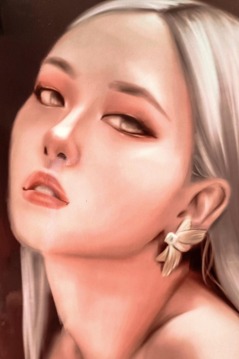 May include: A digital painting of a woman with pale skin and silver hair. She wears gold-colored earrings in the shape of stylized butterflies. Her makeup includes peach-toned eyeshadow and lipstick. The artwork has a soft, diffused lighting effect.