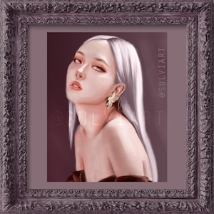 May include: A digital portrait of a person with long, silver hair and a serious expression. The person is wearing a gold earring. The artwork is framed in a decorative, dark purple frame. The artist's name, @SULVIART, is visible.