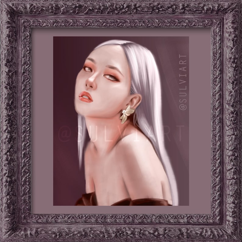 May include: A digital portrait of a person with long, silver hair and a serious expression. The person is wearing a gold earring. The artwork is framed in a decorative, dark purple frame. The artist's name, @SULVIART, is visible.
