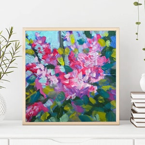 Abstract Flower Art Original Floral Still Life Painting Modern Wall Art Square Painting Abstract Painting Pink Blue Purple Plant Lover Gift image 6