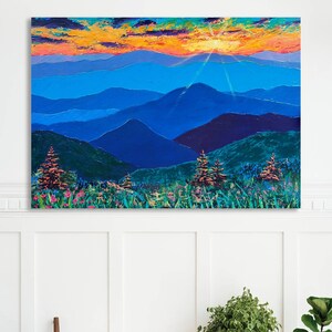 Blue Ridge Mountains Wall Art Sunset North Carolina Painting on Canvas Original Acrylic Large Canvas Wall Art 24 x 32 Panoramic Landscape image 1