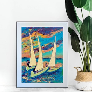 Sunset Painting Framed Original Acrylic Painting Sailboat Ocean Art Japan Wall Art Sailor Gift Coastal Living Room Decor Housewarming Gift imagen 3