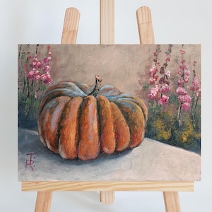 Traditional Pumpkin Still Life Oil Painting Classic Autumn Home Table Decor Original Kitchen Culinary Art Handmade Thanksgiving Miniature