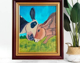 Cow Painting Landscape Original Art 10 x 8 Countryside Farm Painting Farmhouse Wall Art Animal Cow Head Portrait Framed Painting