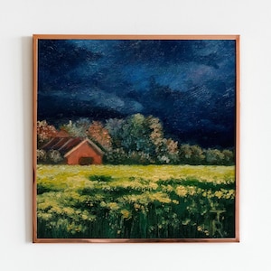 Barn Landscape Painting Wheat Field Original Artwork Small Landscape Oil Painting 5 x 5 Thunderstorm Sky Painting