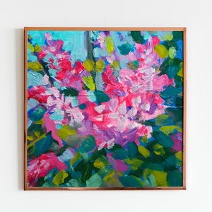 Abstract Flower Art Original Floral Still Life Painting Modern Wall Art Square Painting Abstract Painting Pink Blue Purple Plant Lover Gift image 1