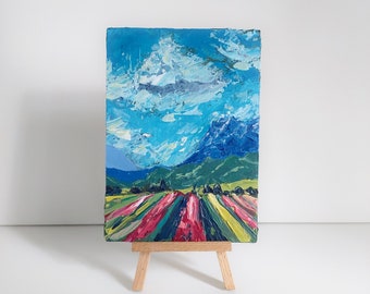 Mountain Wall Art Landscape Original Painting Tulips Painting Miniature Painting 7 x 5 Patagonia Art Cloud Painting