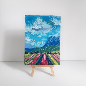 Mountain Wall Art Landscape Original Painting Tulips Painting Miniature Painting 7 x 5 Patagonia Art Cloud Painting image 1