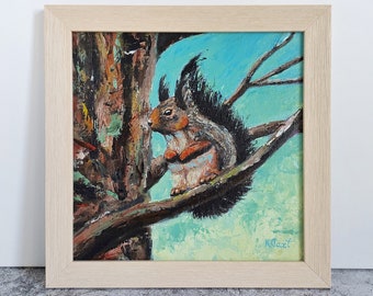 Squirrel Wall Art Original Painting Framed Art Animal Portrait 10 x 10 Nursery Wall Decor Palette Knife Paintings Housewarming Gift Country