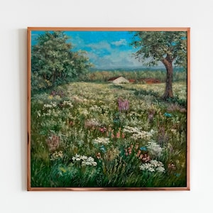 Panoramic Landscape Custom Oil Painting Original Art from Photo Natural Floral Fields Painting Cloud Wall Art Farmhouse Country Home Decor