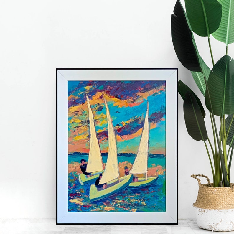 Sunset Painting Framed Original Acrylic Painting Sailboat Ocean Art Japan Wall Art Sailor Gift Coastal Living Room Decor Housewarming Gift imagen 3