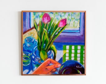 Tulip Painting on Canvas Floral Wall Art Original Painting Impressionist Kitchen Still Life Painting Housewarming Gift Modern Home Decor