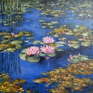 Water lilies Oil Painting Pond Original Artwork Impressionist Water Lily Art Abstract Floral Wall Art Lotus Painting 8 x 8 Home Decor Gift