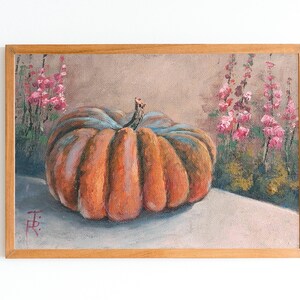 Pumpkin Still Life Oil Cardboard Painting Original Cozy Home Decor Farmhouse Wall Art Realistic Painting Orange Small Art Housewarming Gift