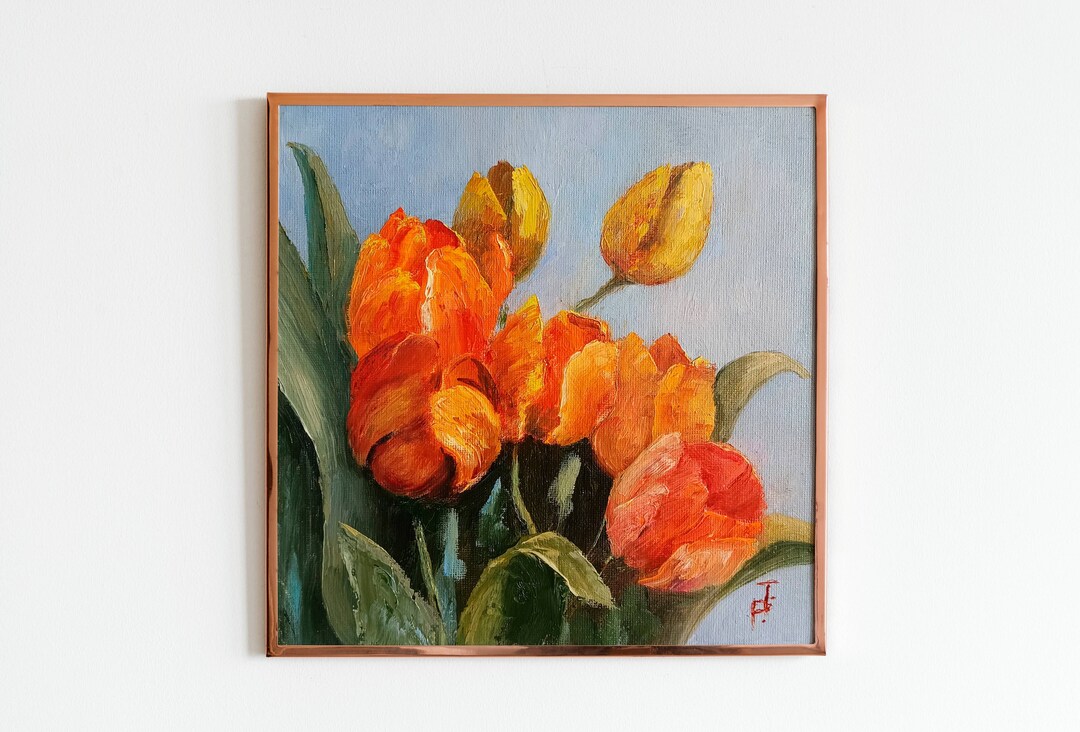 Floral Oil Painting Original Art Home Decor Gift Red Orange Tulip ...