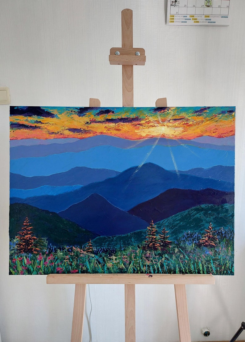 Blue Ridge Mountains Wall Art Sunset North Carolina Painting on Canvas Original Acrylic Large Canvas Wall Art 24 x 32 Panoramic Landscape image 2