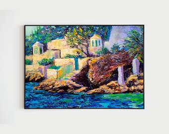 Original Painting Summer Landscape Spain Coastal Wall Art Framed Impressionist Home Decor Housewarming Gift Summer Travel Gift