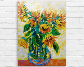 Sunflower Painting Original Canvas Wall Art Impressionist Acrylic Painting Floral Wall Art Still Life Painting Flowers Oversized Wall Art