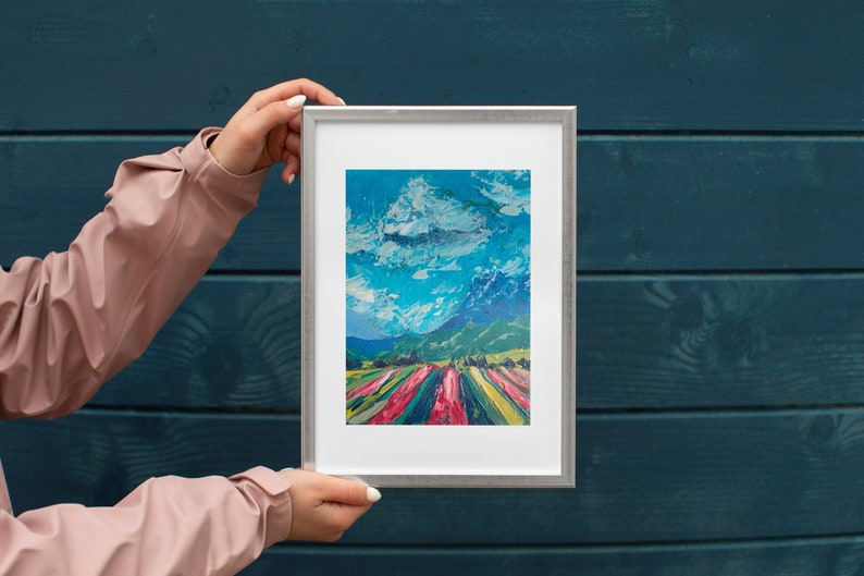 Mountain Wall Art Landscape Original Painting Tulips Painting Miniature Painting 7 x 5 Patagonia Art Cloud Painting image 5