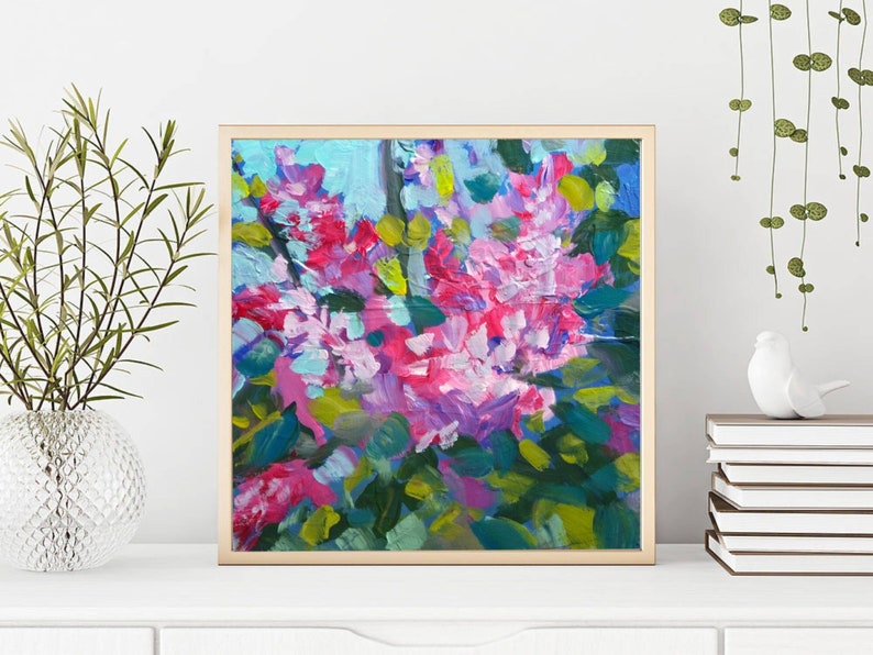 Abstract Flower Art Original Floral Still Life Painting Modern Wall Art Square Painting Abstract Painting Pink Blue Purple Plant Lover Gift image 6