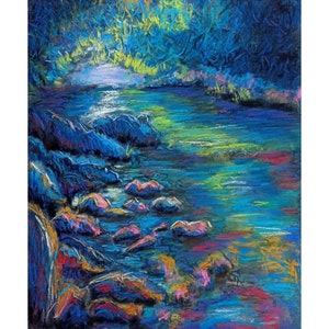 川の風景画、オリジナルの川の風景、小川の水彩画、森の絵画、川