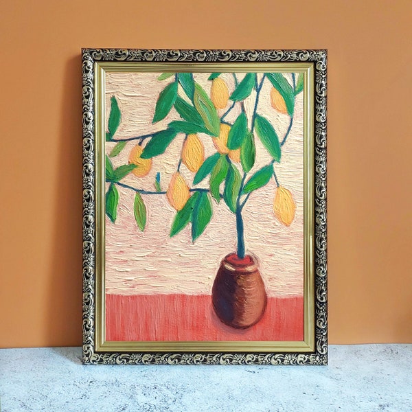 Lemon Wall Art Original Oil Painting Fruit Wall Art Still Life Painting Housewarming Gift Impressionist Framed Painting Modern Home Decor