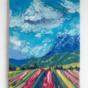 Mountain Wall Art Landscape Original Painting Tulips Painting Miniature Painting 7 x 5 Patagonia Art Cloud Painting image 2
