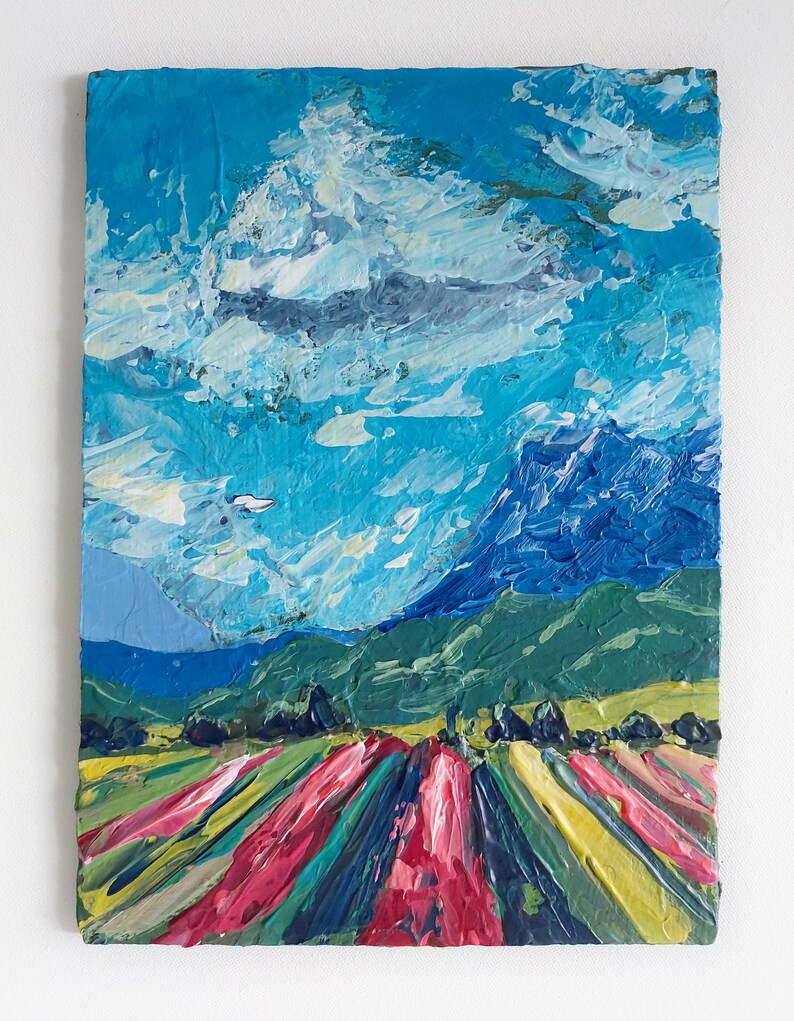 Mountain Wall Art Landscape Original Painting Tulips Painting Miniature Painting 7 x 5 Patagonia Art Cloud Painting image 2