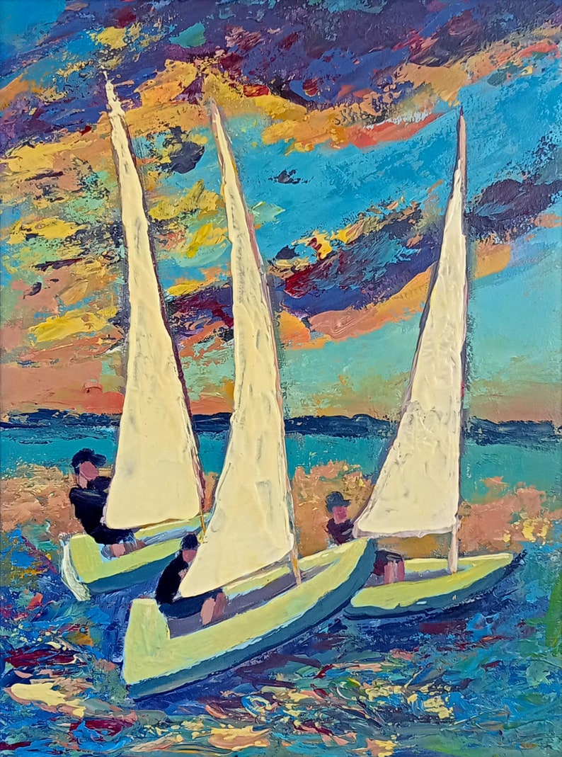 Sunset Painting Framed Original Acrylic Painting Sailboat Ocean Art Japan Wall Art Sailor Gift Coastal Living Room Decor Housewarming Gift imagen 6