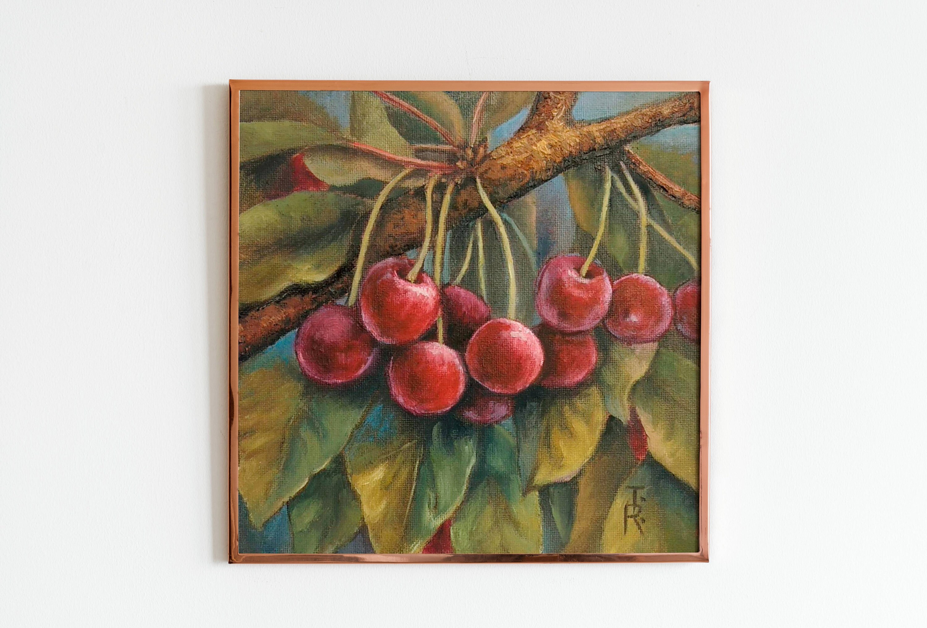 Small Cherry Oil Painting: Fruit Still Life, Country Kitchen Decor (8x8)