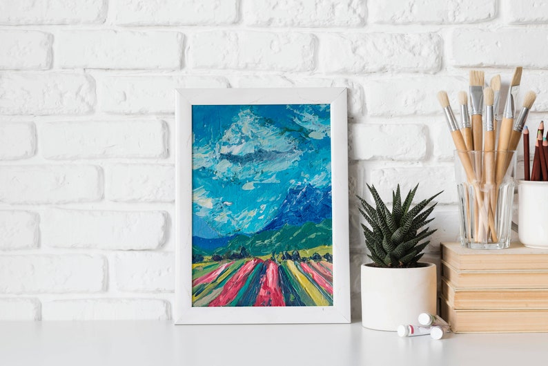 Mountain Wall Art Landscape Original Painting Tulips Painting Miniature Painting 7 x 5 Patagonia Art Cloud Painting image 8