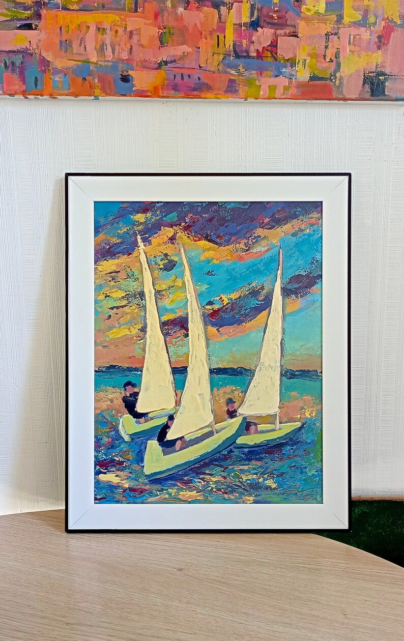 Sunset Painting Framed Original Acrylic Painting Sailboat Ocean Art Japan Wall Art Sailor Gift Coastal Living Room Decor Housewarming Gift imagen 2