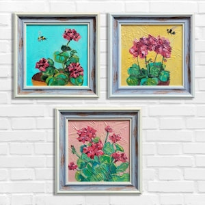 Geranium Art Bouquet Painting Original Oil Painting Framed Set of Three Wall Art Impressionist Miniature Textured Painting Home Decor Gift