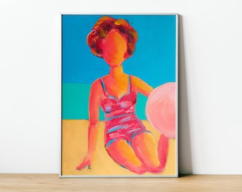 Faceless Portrait Original Painting on Canvas Retro Art Fashion Girl Wall Art Mid Century Modern Art Summer Beach Illustration MCM Wall Art