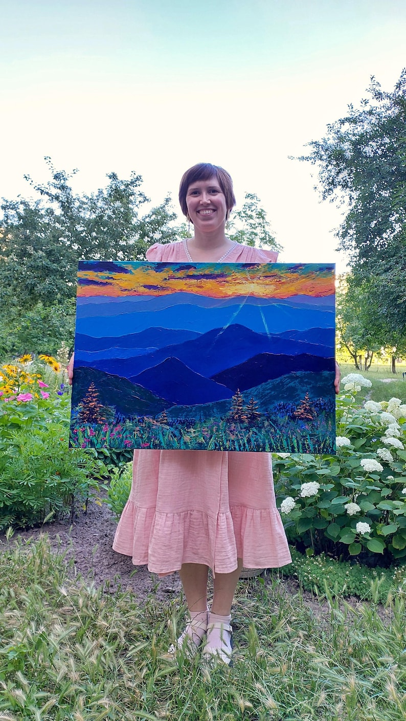 Blue Ridge Mountains Wall Art Sunset North Carolina Painting on Canvas Original Acrylic Large Canvas Wall Art 24 x 32 Panoramic Landscape image 3