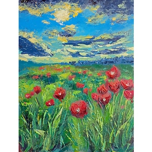 Meadow Painting Poppies Landscape Original Artwork 16 x 12 Summer Poppy Field Art Ukraine Painting