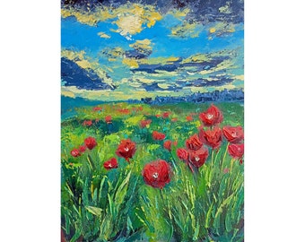 Meadow Painting Poppies Landscape Original Artwork 16 x 12 Summer Poppy Field Art Ukraine Painting