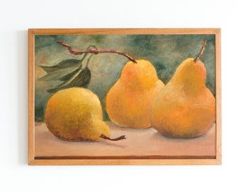 Original Oil Painting Fruit Still Life Pear Wall Art Country Home Decor Sage Green Golden Art Small Realistic Painting