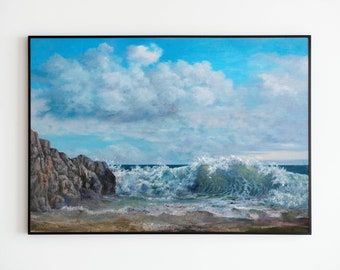 Oil Ocean Painting Canvas Original Art Mediterranean Painting 14 x 18 Ocean Waves Painting White Wall Art