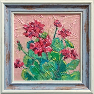 Original Floral Still Life Painting Pink Flower Oil Painting Small Geranium Farmhouse Wall Art Fall Home Decor Impressionist Art