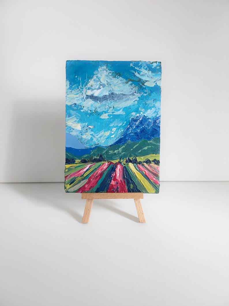 Mountain Wall Art Landscape Original Painting Tulips Painting Miniature Painting 7 x 5 Patagonia Art Cloud Painting image 1