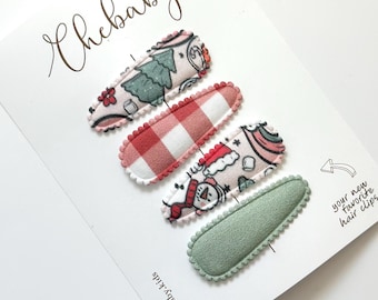 Christmas Fabric Snap Clips: Set of 4 No-Slip Hair Barrettes