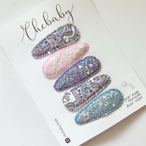 Unicorn Fabric Snap Clips: Sparkly Toddler Hair Barrettes - Set of 5