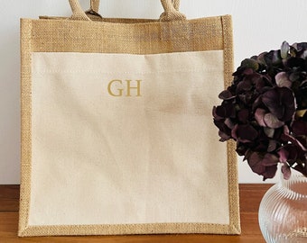 Initials - jute shopper, jute bag, bag with name, tote bag, personalised, market bag