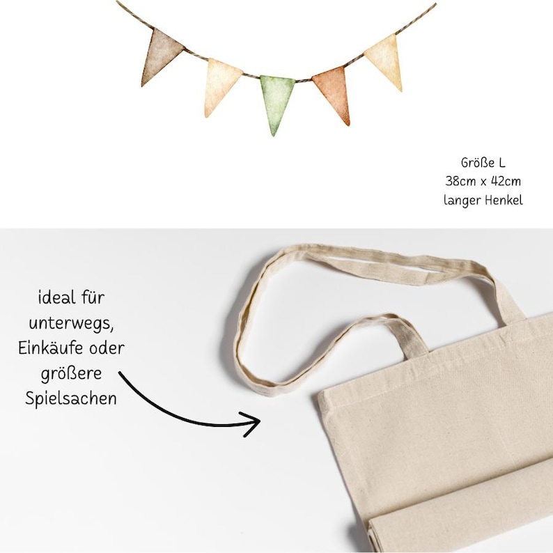 May include: A natural canvas tote bag with a long handle, and a banner of small, watercolor-style pennants in shades of brown, green, and cream. The banner is strung on a thin twine. The bag measures 38cm x 42cm.