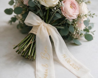 Personalized bridal bouquet ribbon with names and date, 40 mm chiffon wedding ribbon, printed bouquet ribbon, custom wedding bouquet ribbon