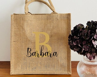 Initial with Name - Jute Shopper, Jute Bag, Bag with Name, Shopping Bag, Personalized, Market Bag